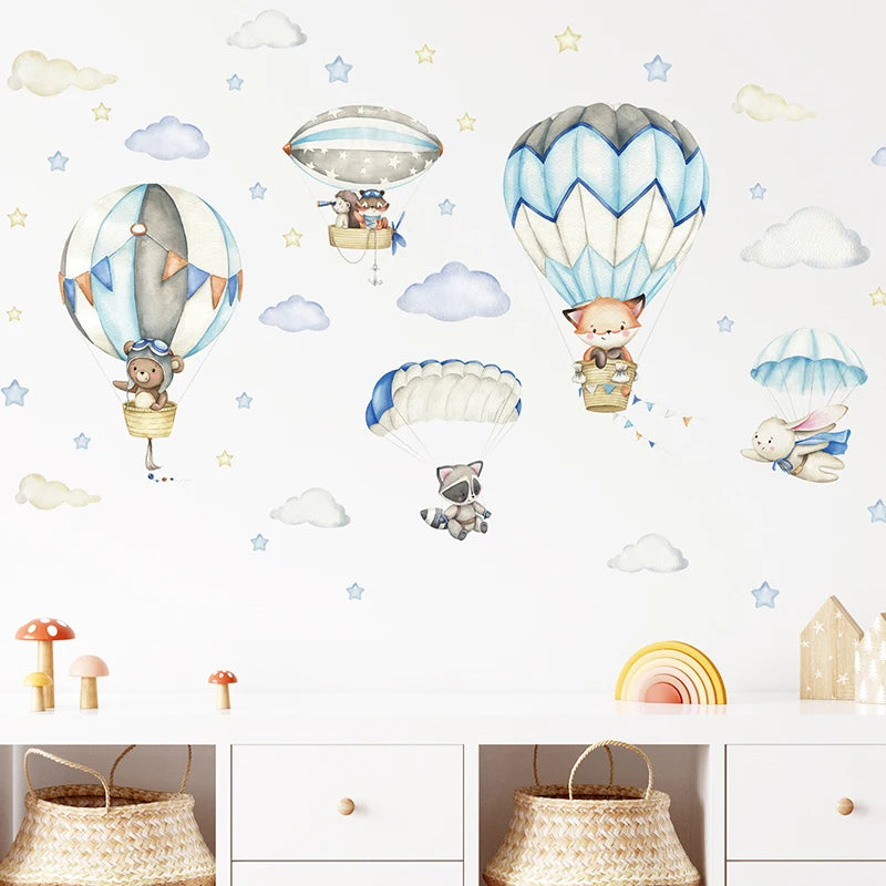 Watercolor Animals Hot Air Balloon Clouds Wall Stickers Blue Color for Kids Room Baby Nursery Room Wall Decals Boy Room Stickers