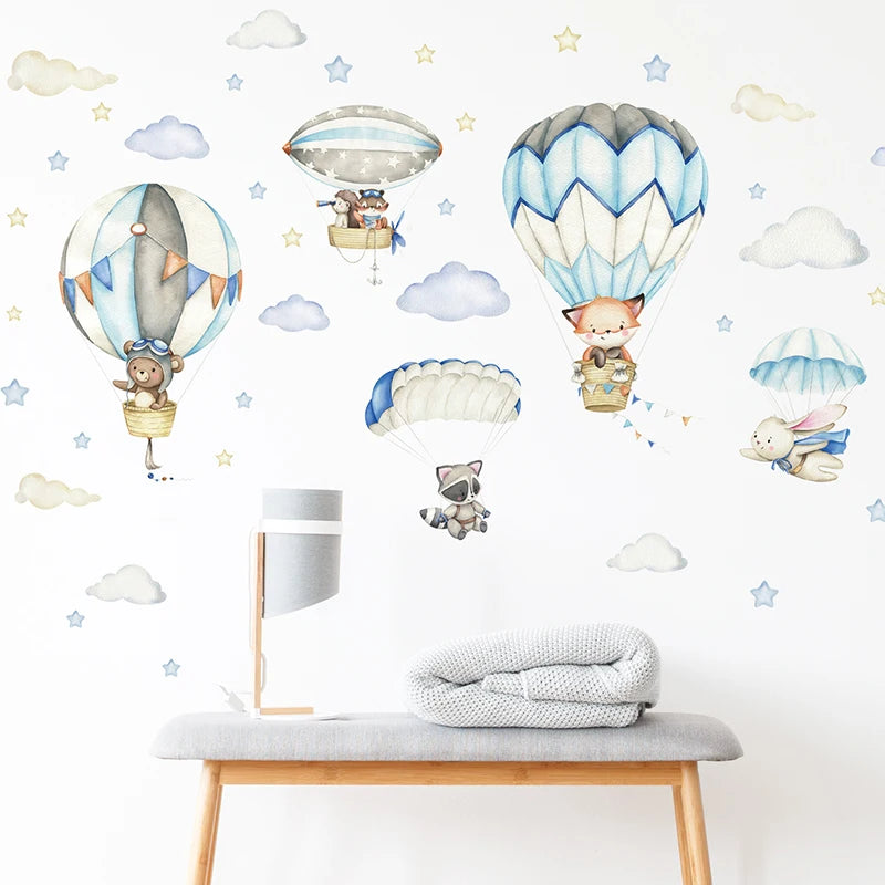 Watercolor Animals Hot Air Balloon Clouds Wall Stickers Blue Color for Kids Room Baby Nursery Room Wall Decals Boy Room Stickers