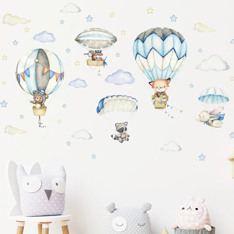 Watercolor Animals Hot Air Balloon Clouds Wall Stickers Blue Color for Kids Room Baby Nursery Room Wall Decals Boy Room Stickers